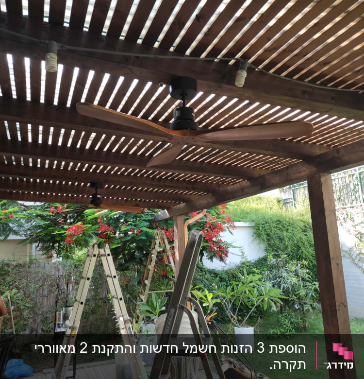 מאוורר תקרה מותקן על פרגולה עם נורות חשמל